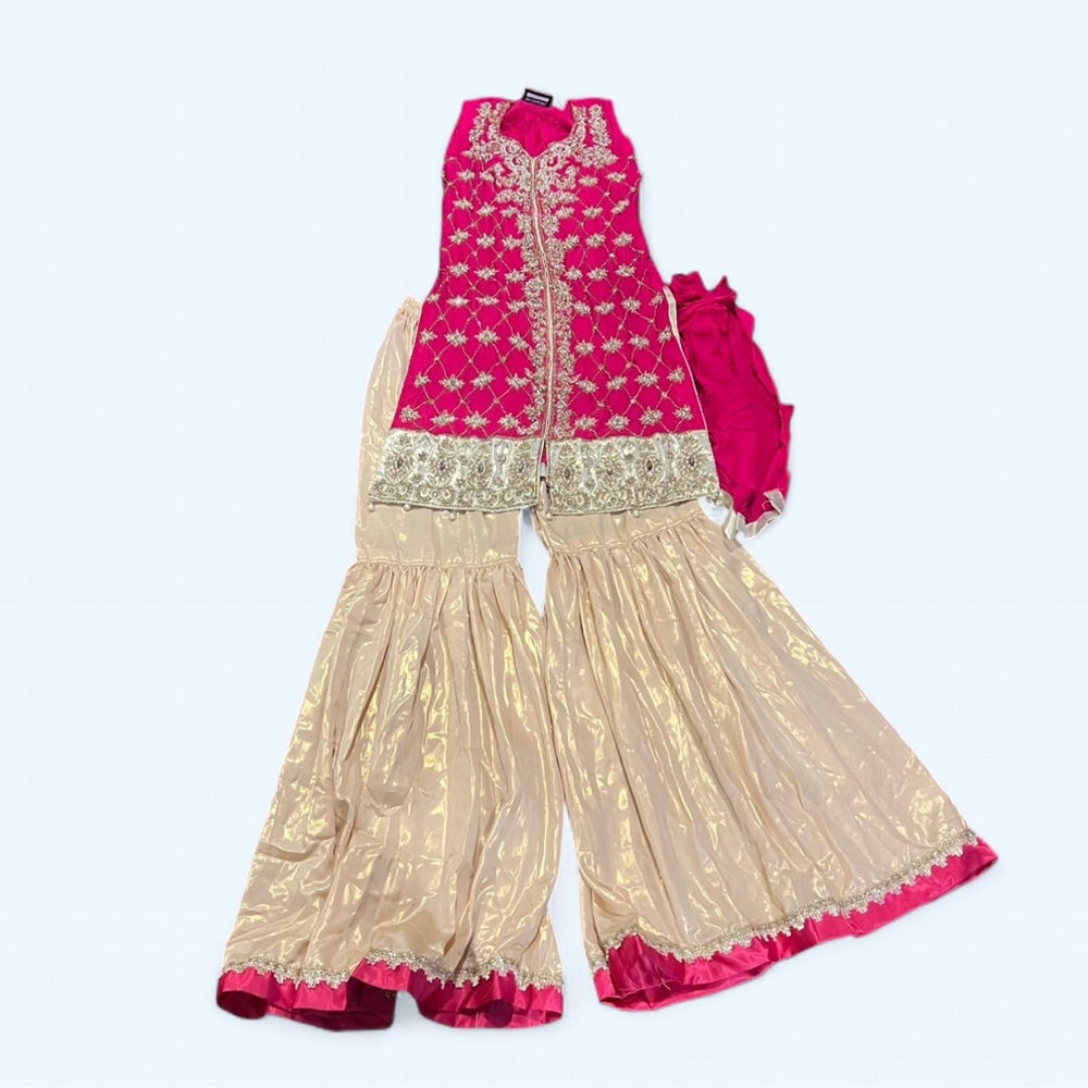 Indian/pakistani sharara gharara pink and gold outfit, not lehenga